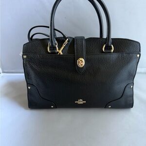 Coach MERCER Black Leather Satchel with Gold-Tone Accents